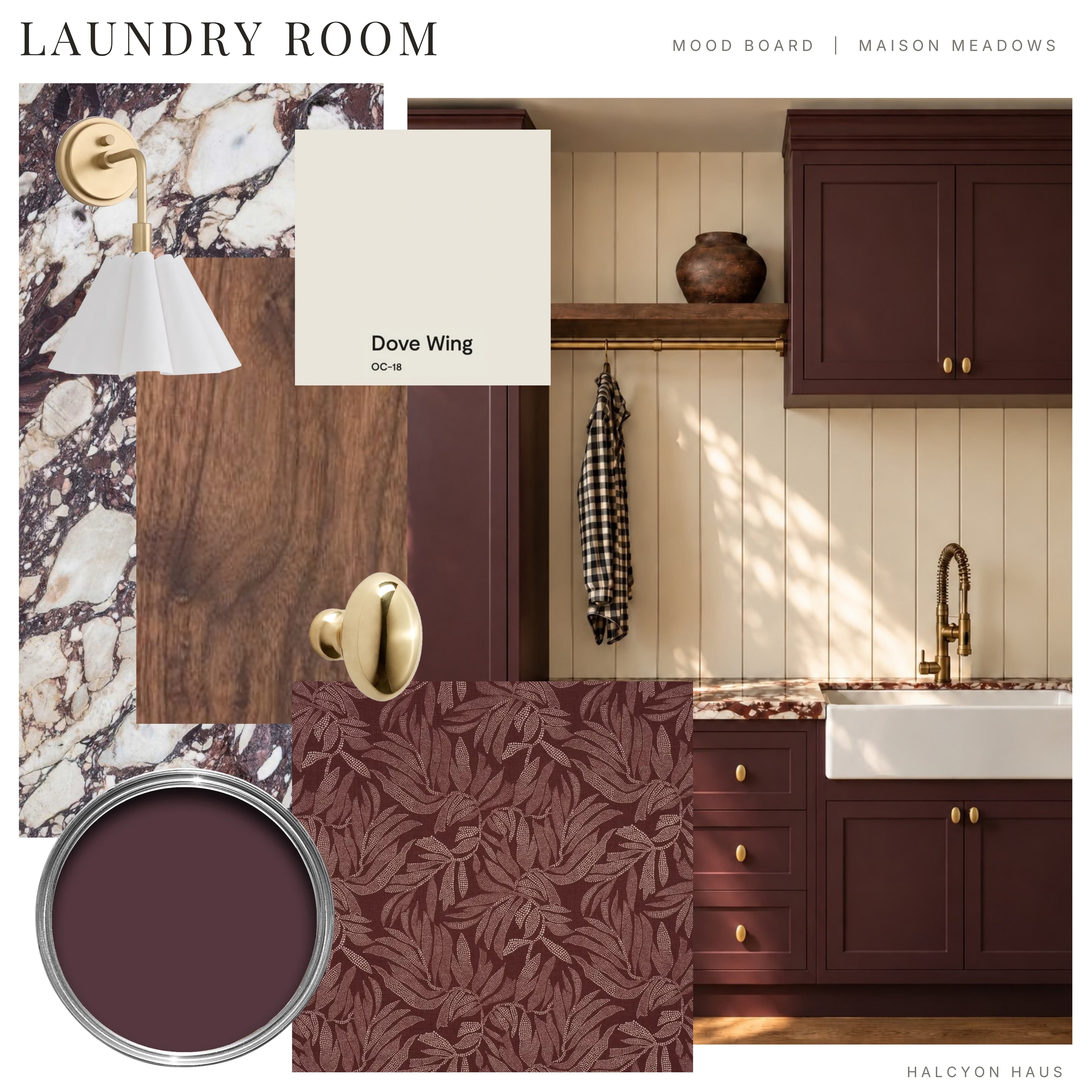 Laundry room mood board by Halcyon Haus with red-veined stone, walnut, Dove Wing paint, an oxblood paint color, a patterned shade fabric, a brass knob, a pleated brass sconce, and a rendering of the laundry with oxblood cabinets and a farmhouse sink