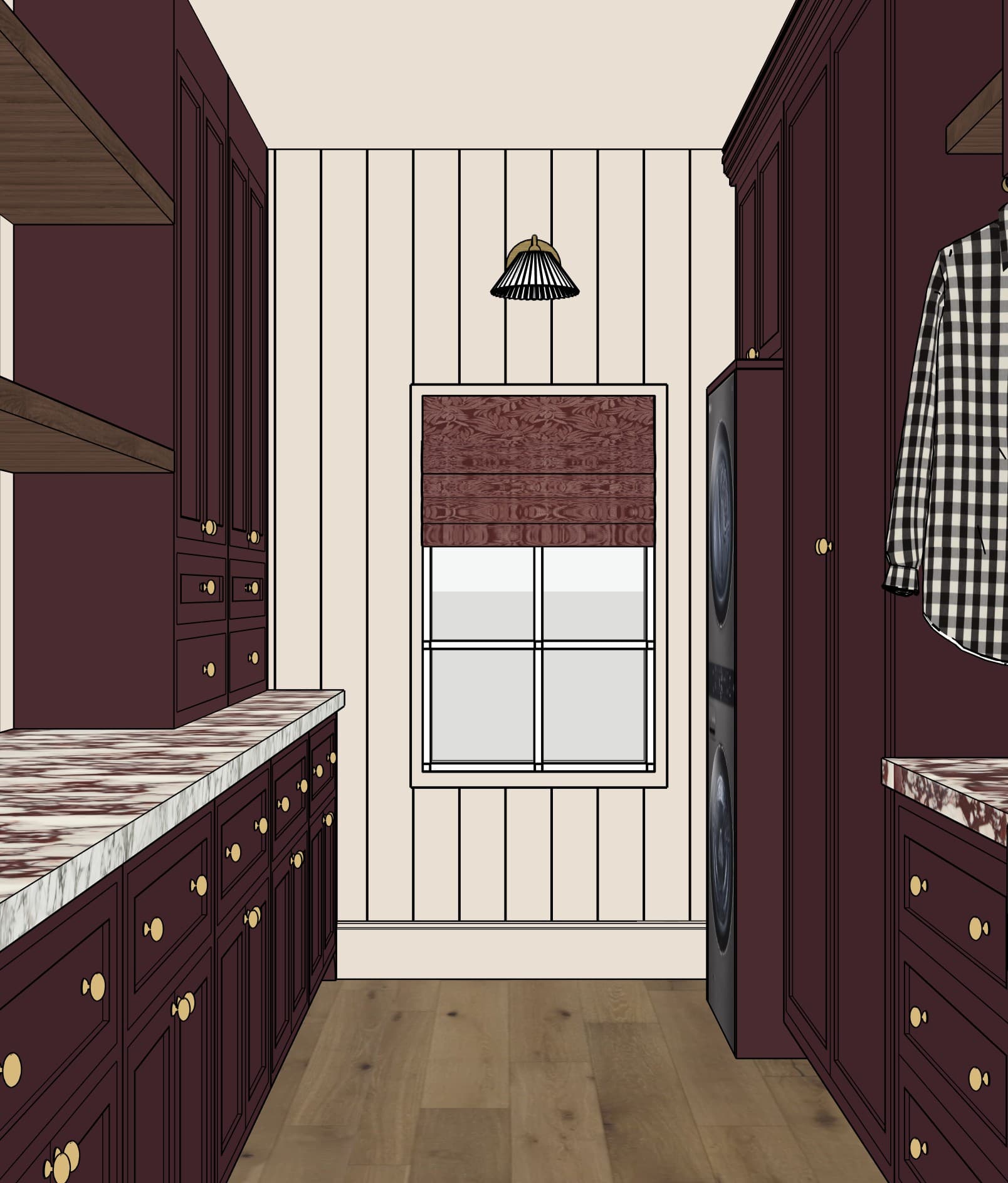 3D model of the laundry room with burgundy inset cabinetry, vertical paneling, and a stacked washer and dryer
