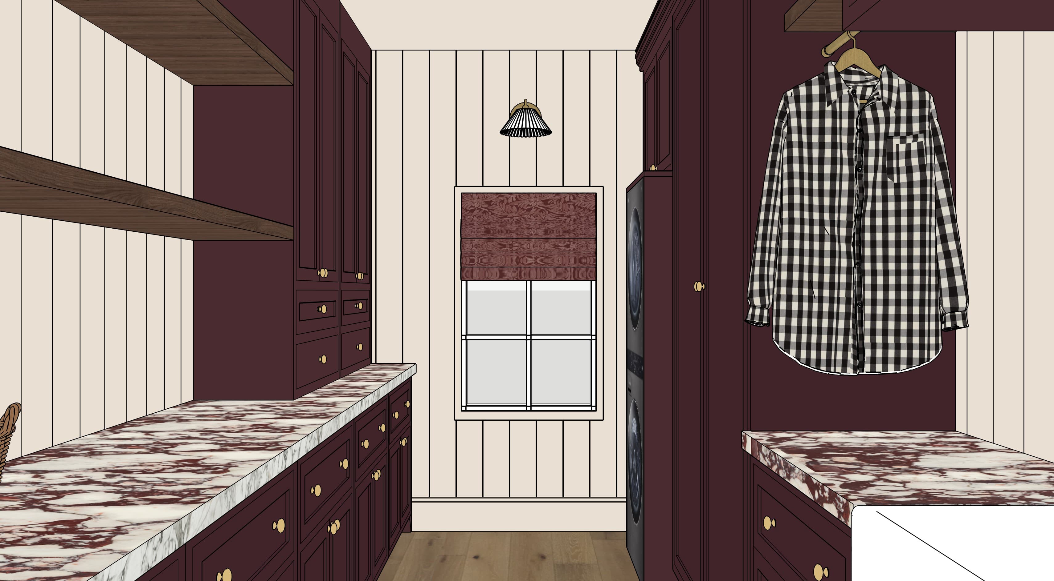 3D model of the Maison Meadows laundry room with burgundy cabinetry, vertical paneling, walnut shelving, and a stacked washer and dryer