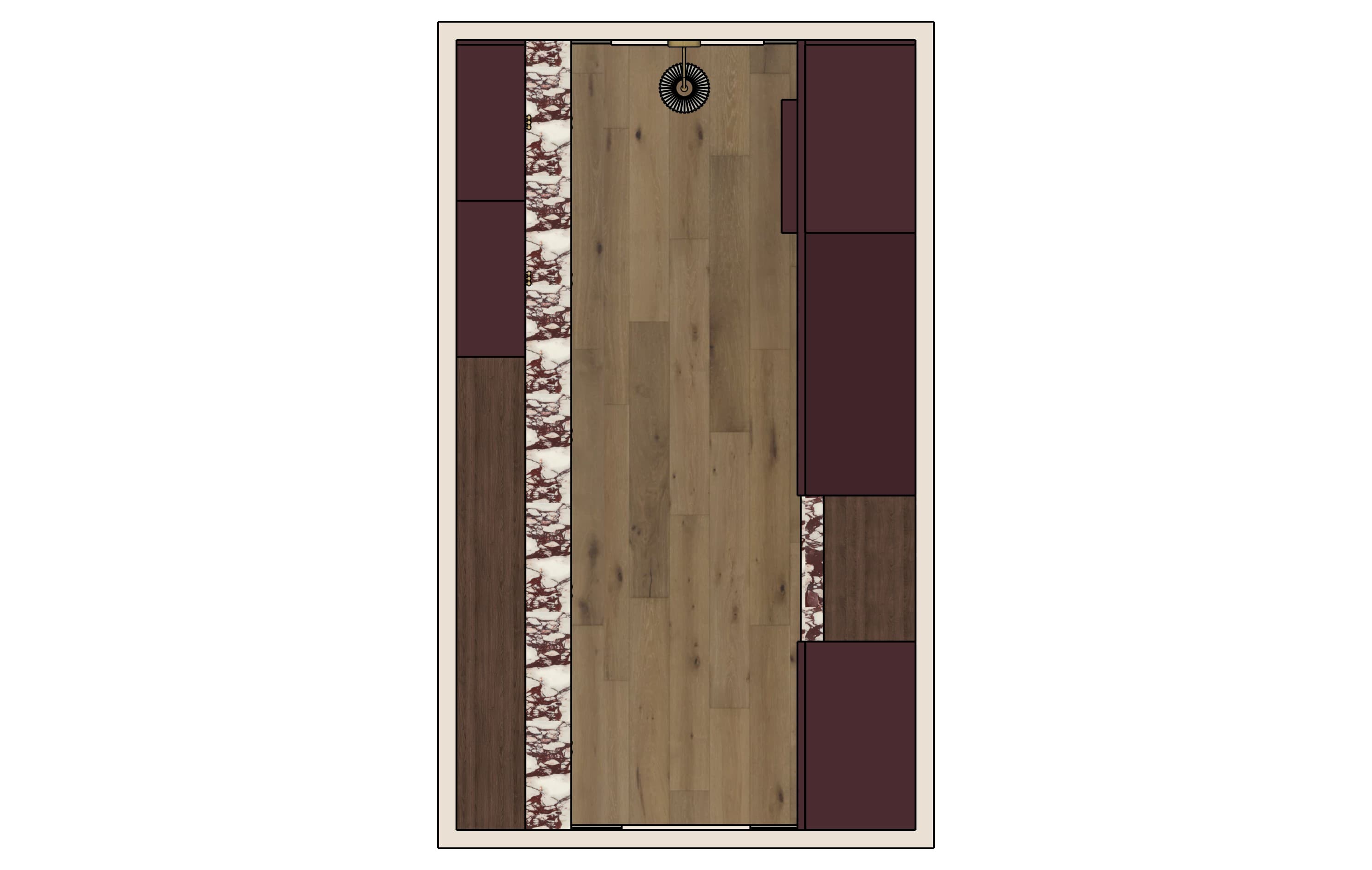 Plan view of the laundry room showing cabinetry, stone counters, and wood flooring in place