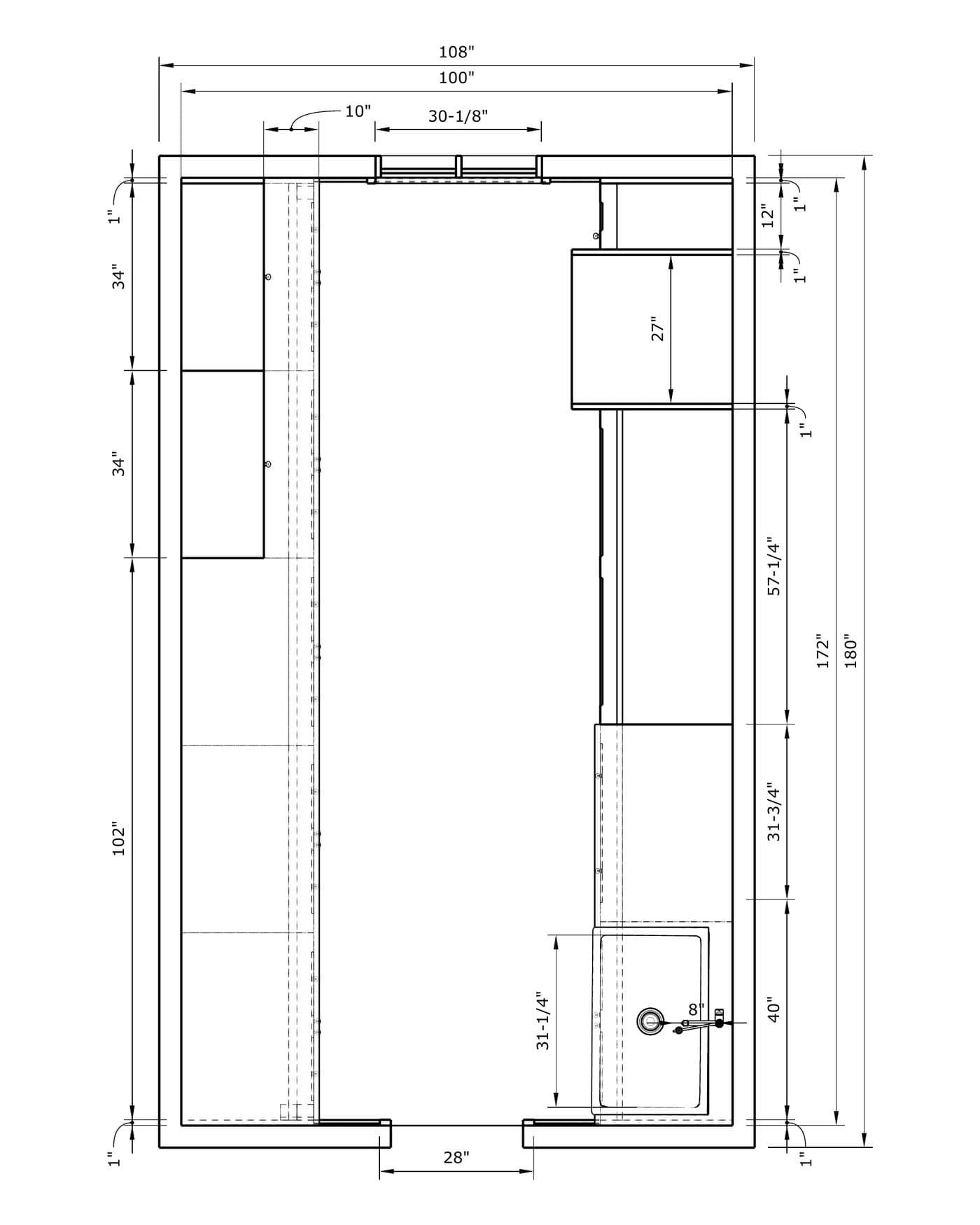 Dimensioned floor plan of the Maison Meadows laundry room, drawn to scale by Halcyon Haus