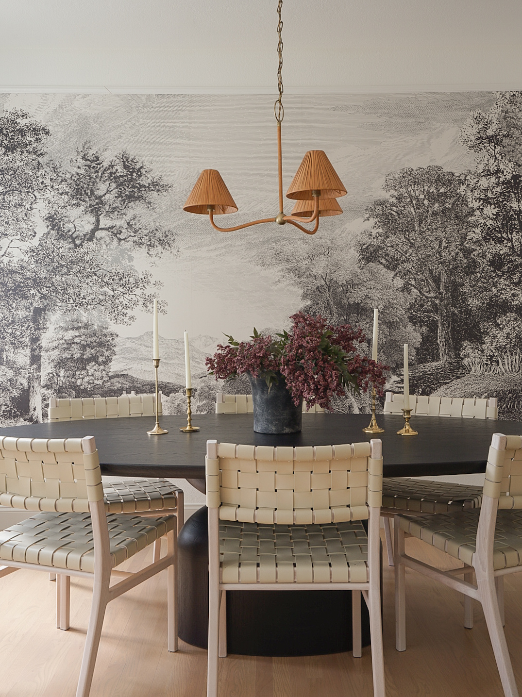 Modern French country dining room with scenic mural in Castle Pines Village by Halcyon Haus